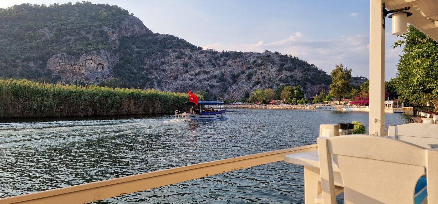 Dining on the Dalyan riverfront with views to the Lycian rock tombs